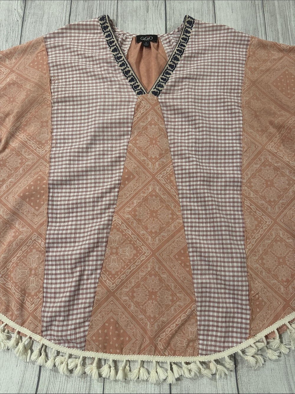 Gigio Peach Patchwork Bandana Print Oversized Tassel Trimmed Tunic Top